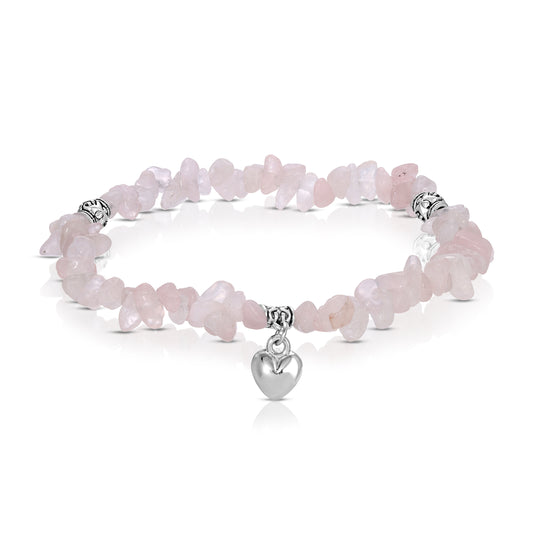rose quartz & silver heart charm ankle bracelet