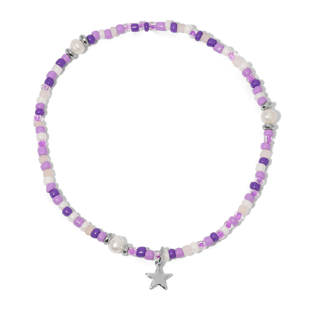 Orchid Seed Bead & Silver Star Charm Ankle Bracelet