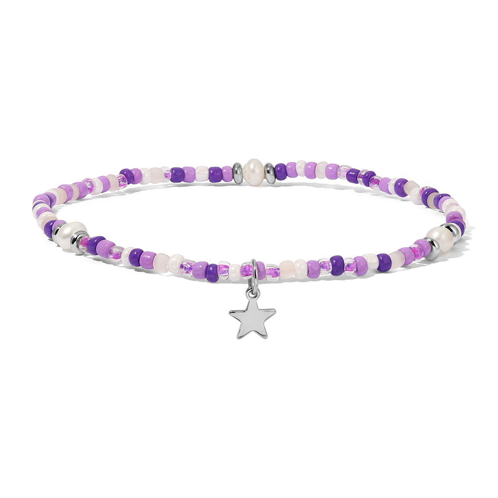 Orchid Seed Bead & Silver Star Charm Ankle Bracelet