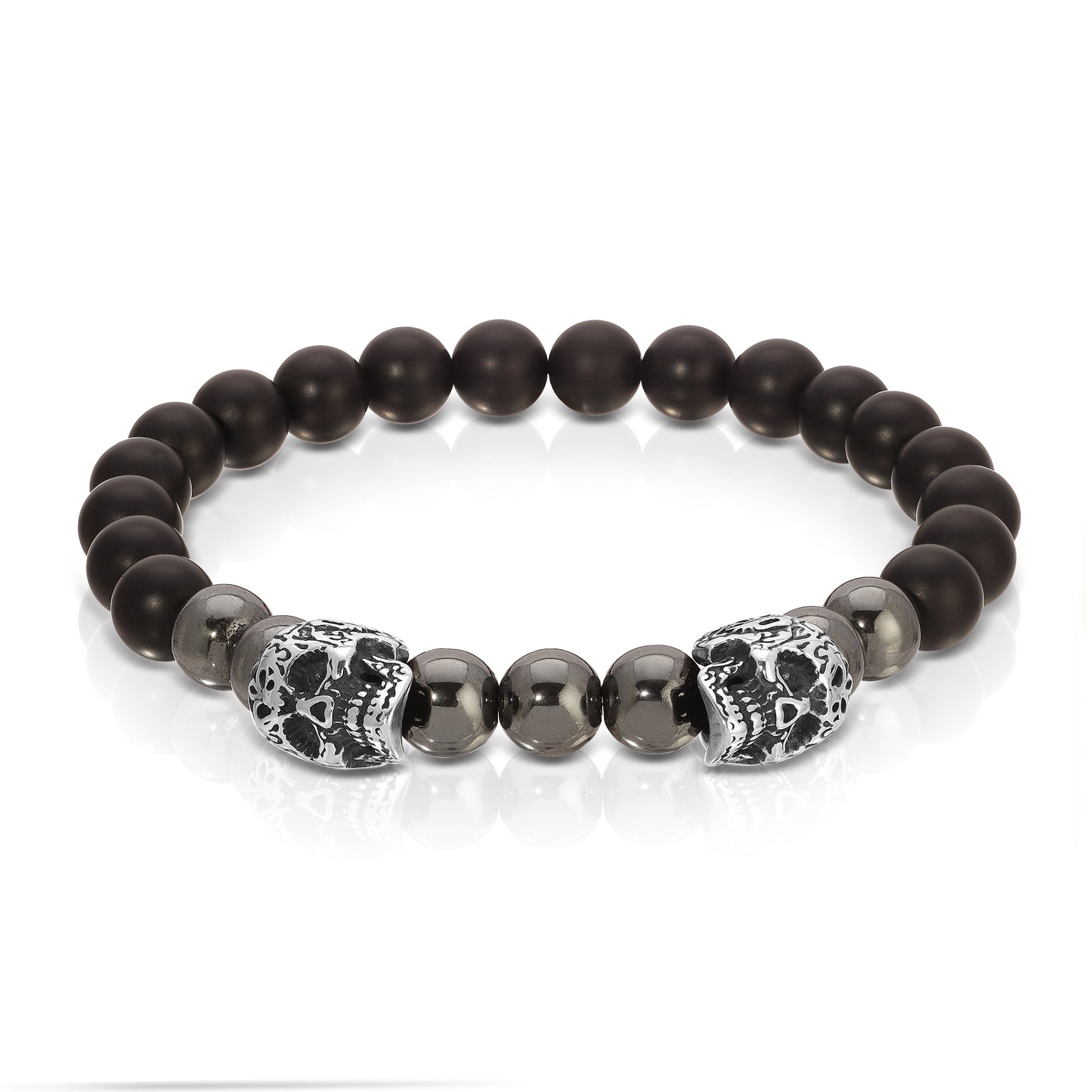 Opposing Steel Skull with Hematite & Matte Black Onyx Bracelet