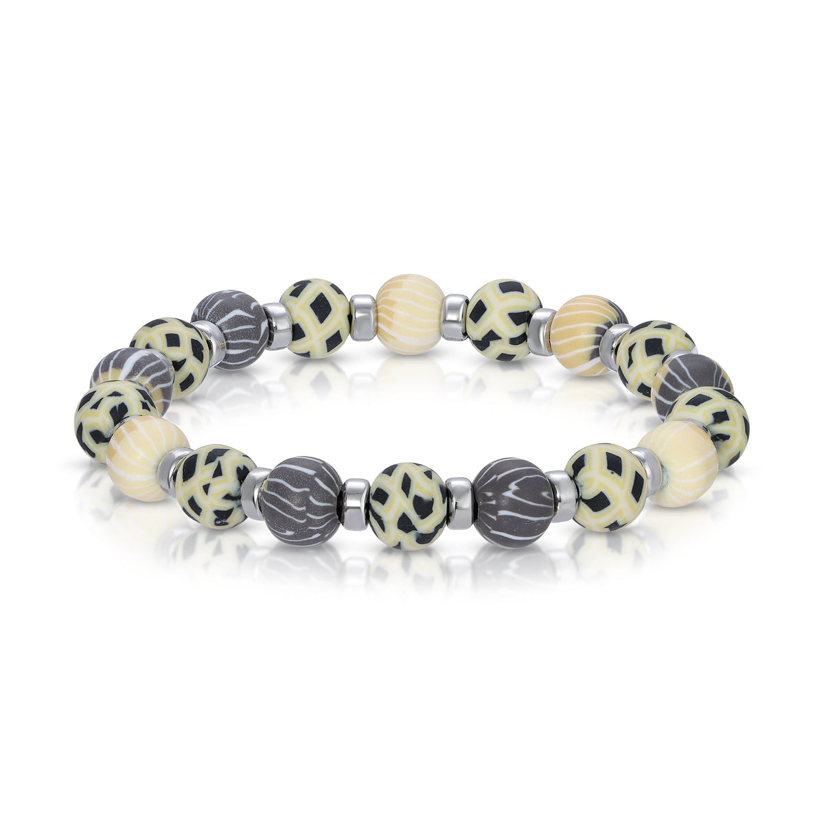 wooden beaded bracelet with geometric patterns