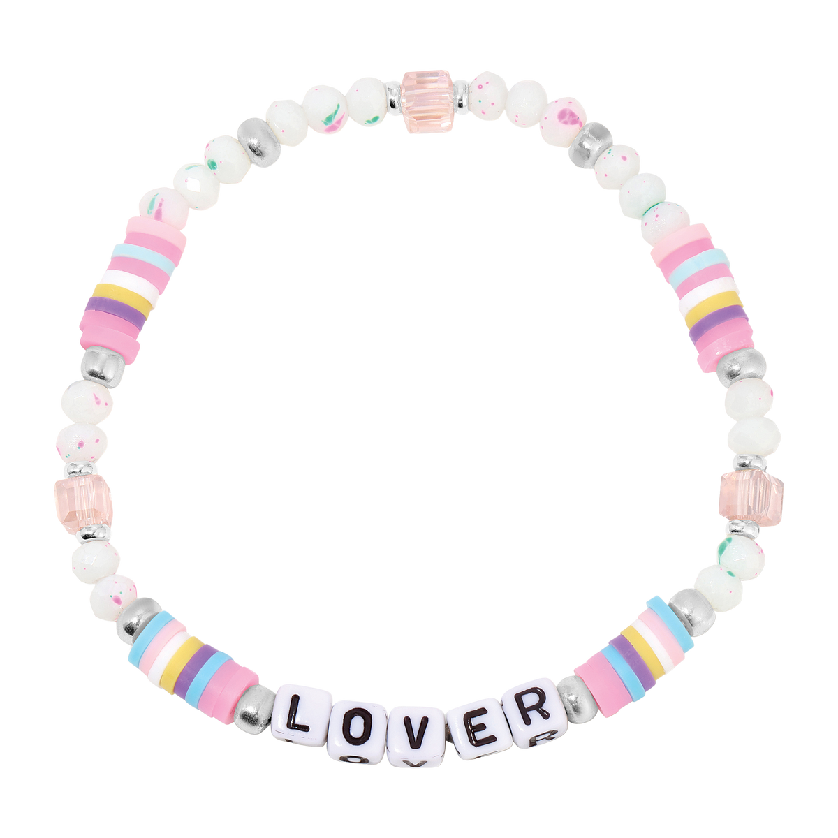 Colorful beaded bracelet with 'LOVER' letters on a white background
