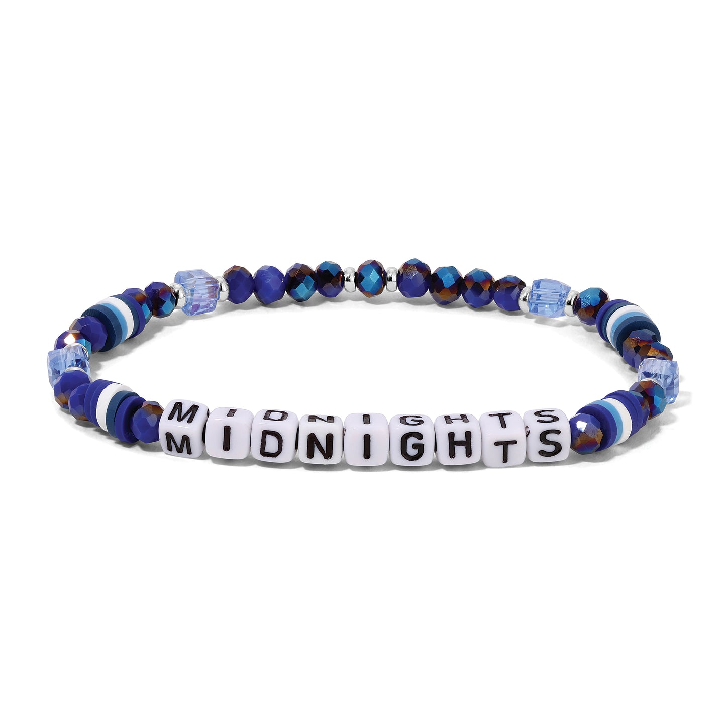 blue beaded bracelet with midnights letters