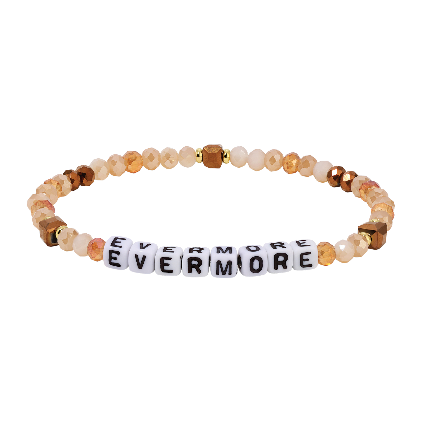 Beaded bracelet with 'EVERMORE' beads on a white background