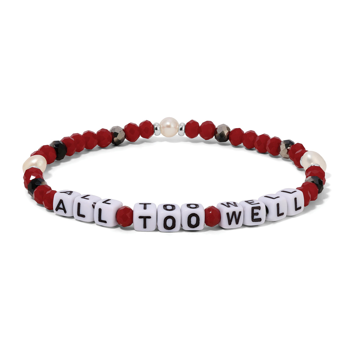 Bracelet with red, white, and black beads spelling 'ALL TOO WELL' on a white background