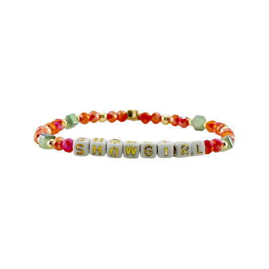 Bracelet with colorful beads and 'SHOWGIRL' letters on a white background