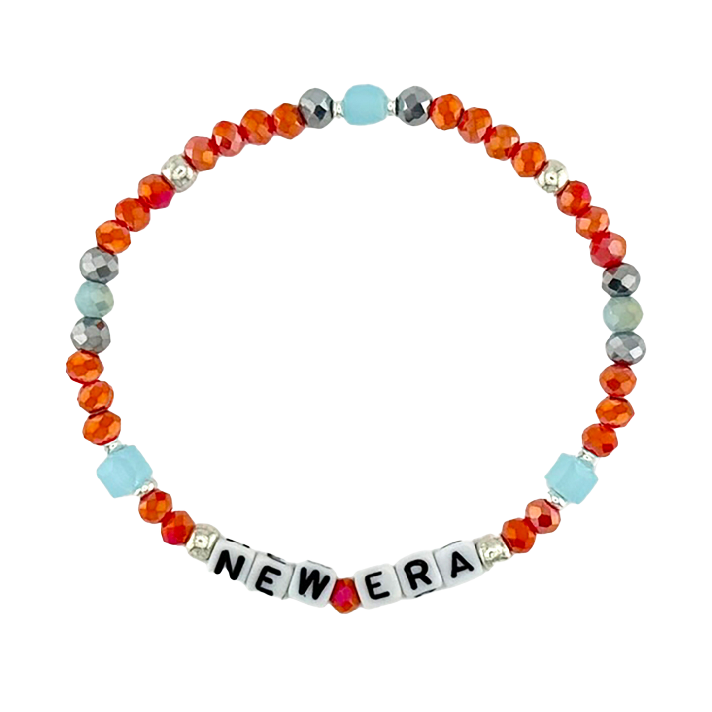 Colorful beaded bracelet with 'NEW ERA' letters on a white background