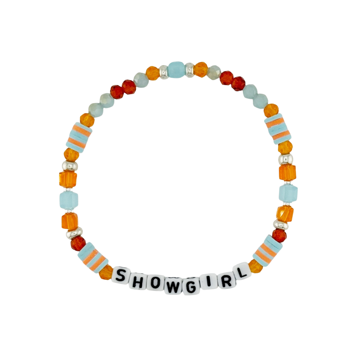 Colorful beaded bracelet with 'SHOWGIRL' letters on a white background
