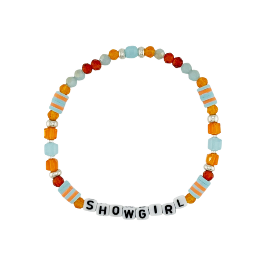 Colorful beaded bracelet with 'SHOWGIRL' letters on a white background