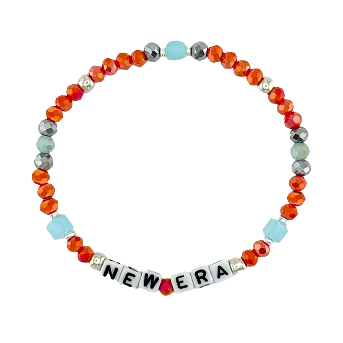 Colorful beaded bracelet with 'NEW ERA' letters on a white background