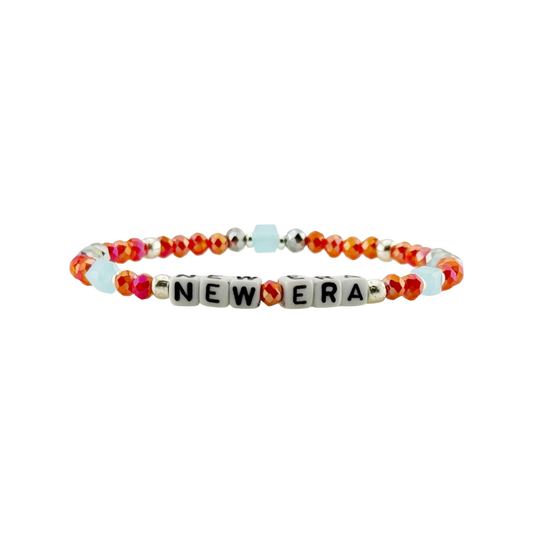 Colorful beaded bracelet with 'NEW ERA' beads on a white background