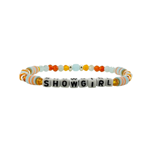 Bracelet with 'SHOWGIRL' beads on a white background