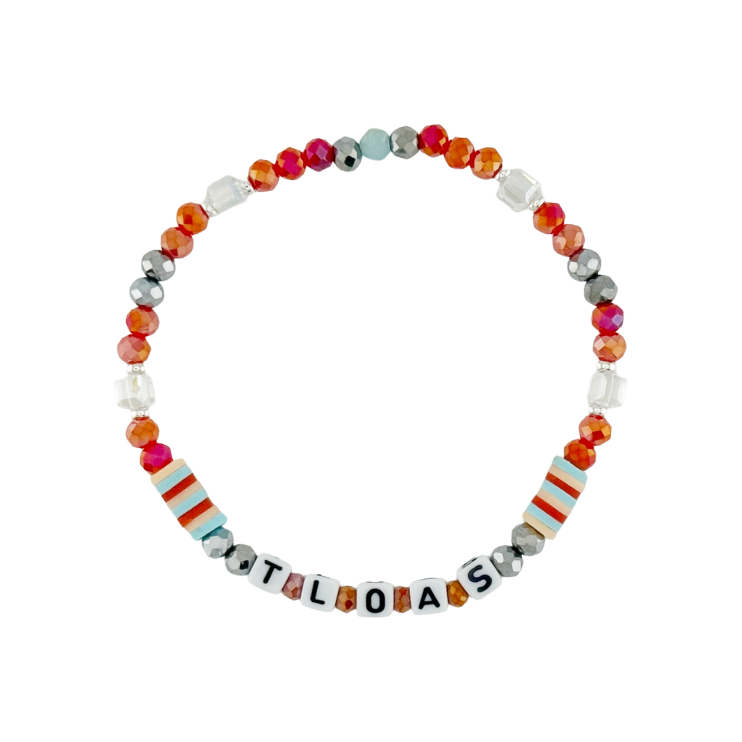 Colorful beaded bracelet with letter beads spelling 'TLOAS' on a white background