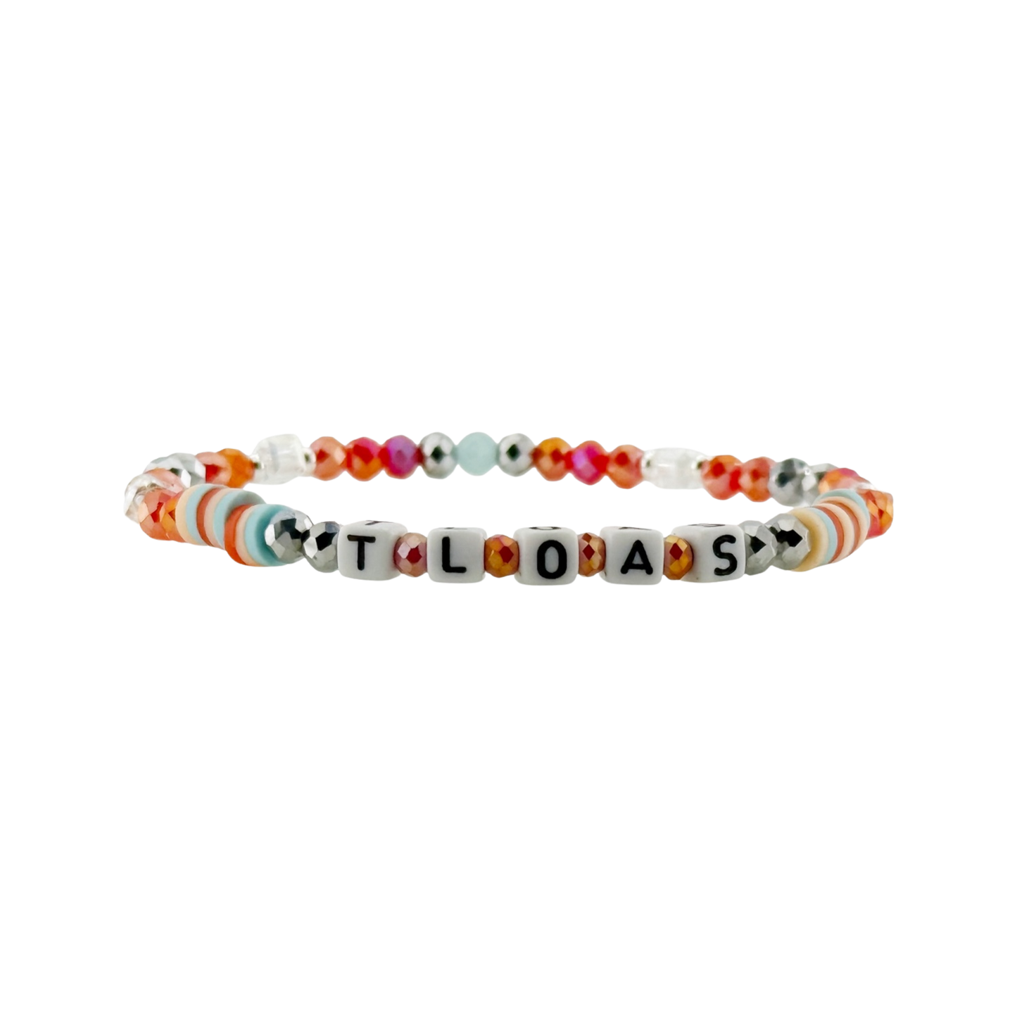 Colorful beaded bracelet with letter beads spelling out 'TLOAS' on a white background