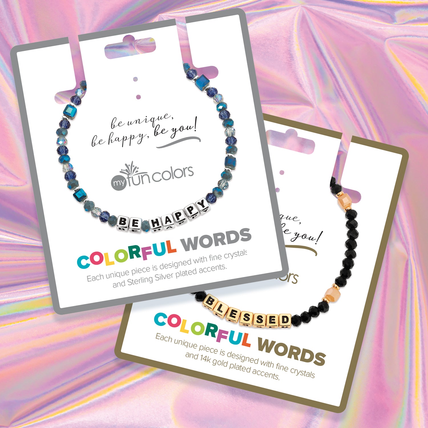 bracelets with be happy and blessed charms on iridescent background