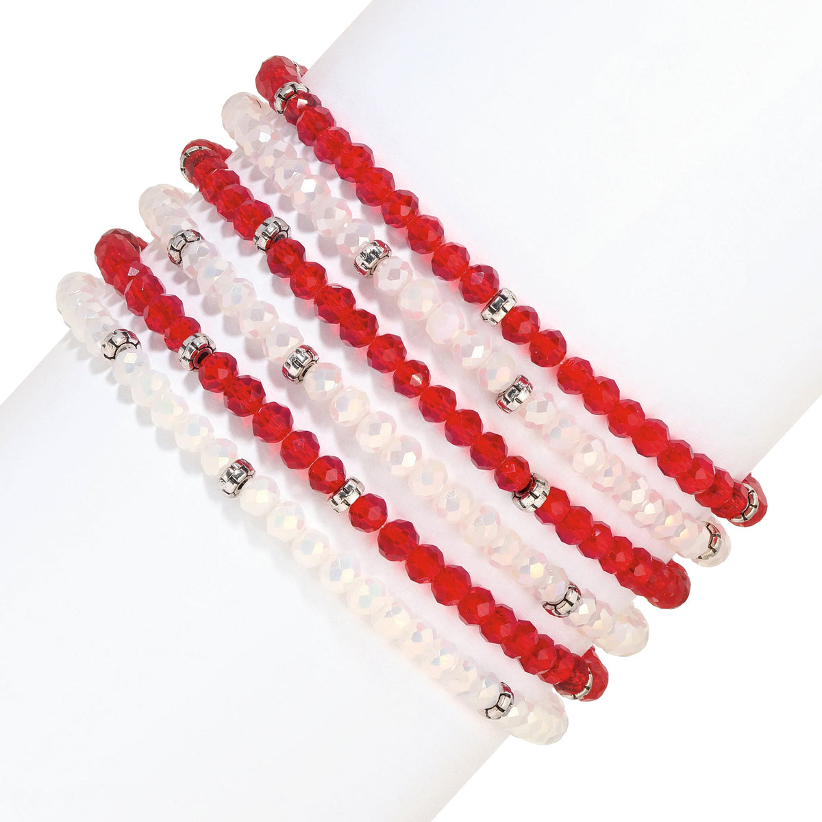 red and white beaded bracelets on white background