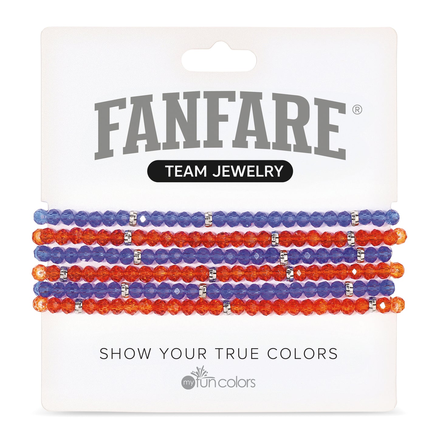 fanfare team jewelry with blue and orange beaded bracelets