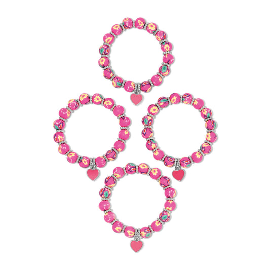 pink floral beaded bracelets with heart charms