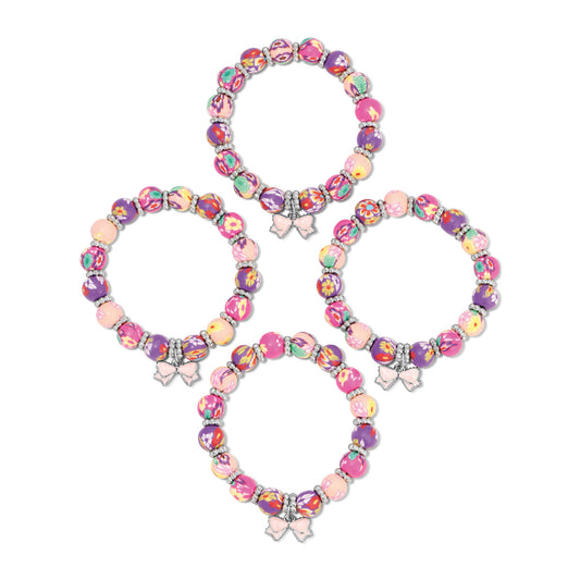 four colorful bracelets with bow charms