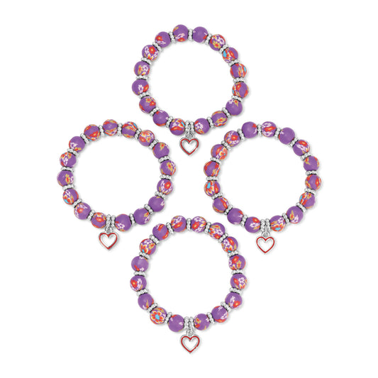 four purple beaded bracelets with heart charms