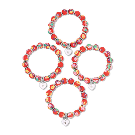 four colorful beaded bracelets with heart charms
