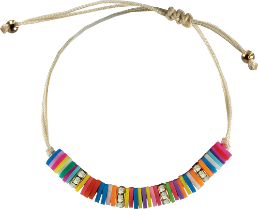 clay disc & rhinestone multi-color corded bracelet