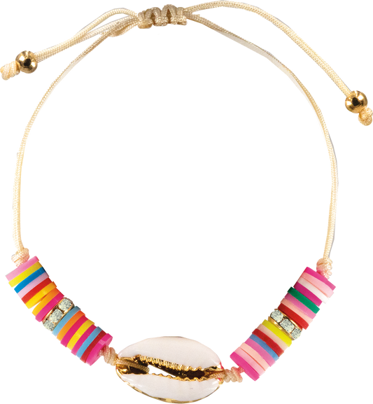 clay disc & gold trimmed cowrie shell bracelet