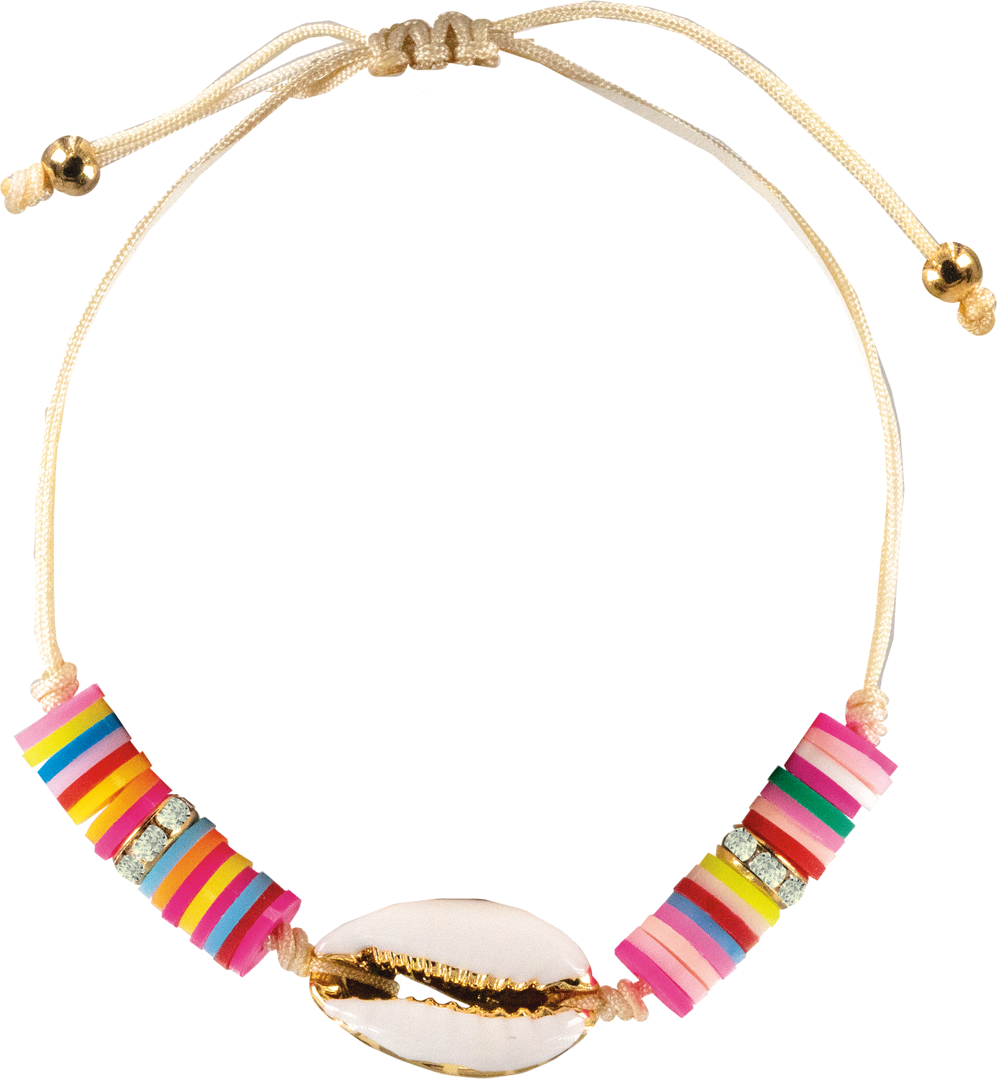 clay disc & gold trimmed cowrie shell bracelet