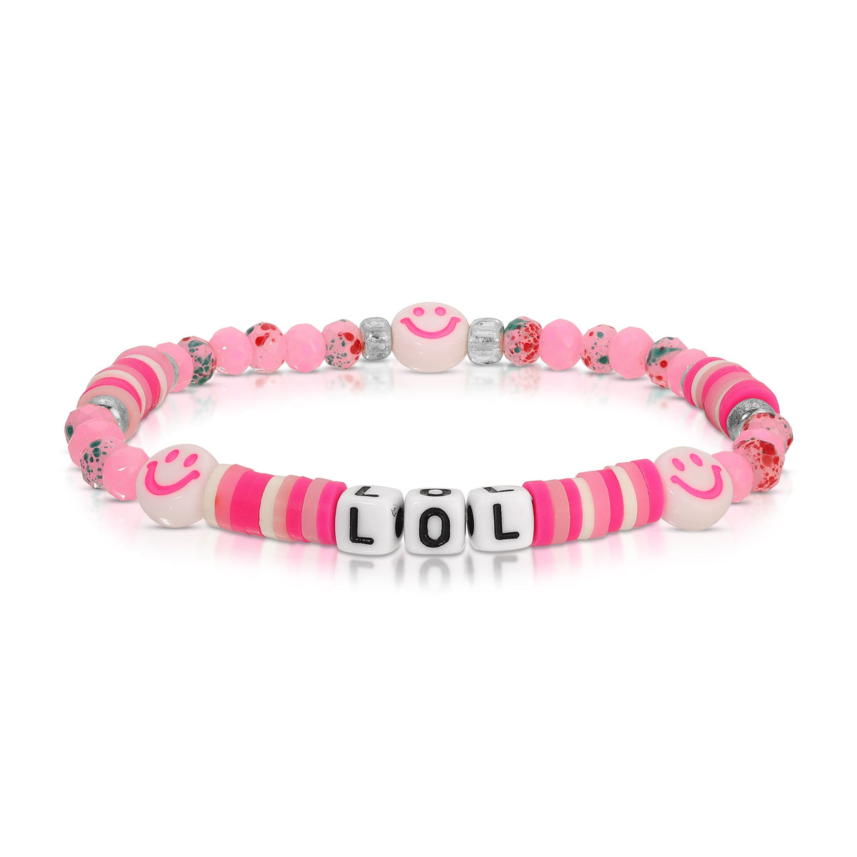 pink beaded bracelet with lol and smiley faces