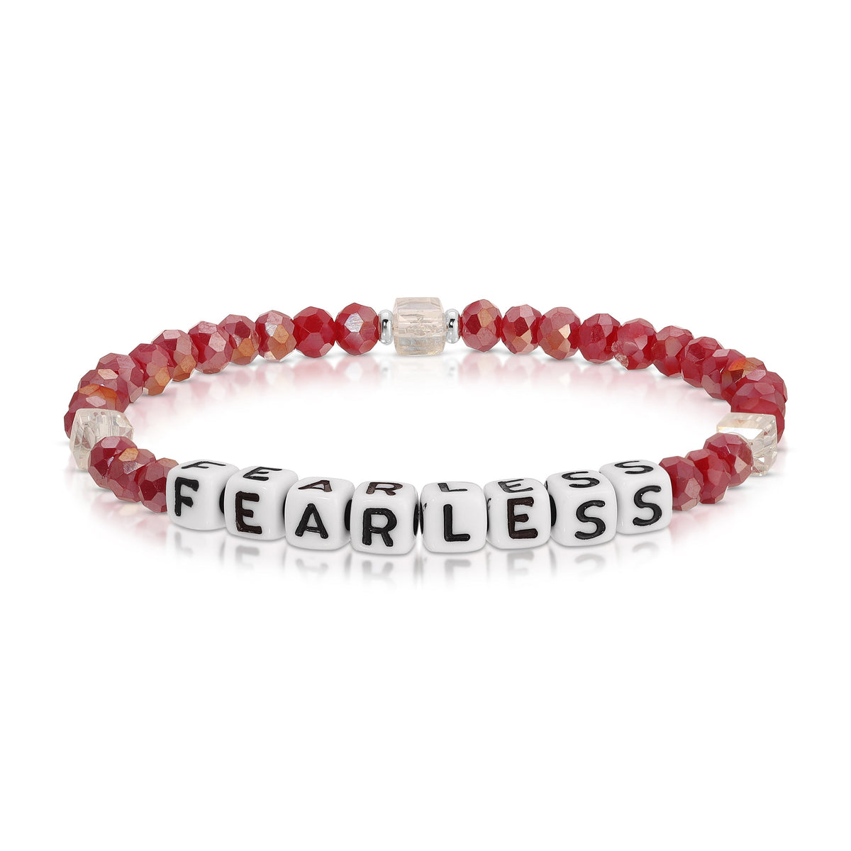 red beaded bracelet with fearless letters