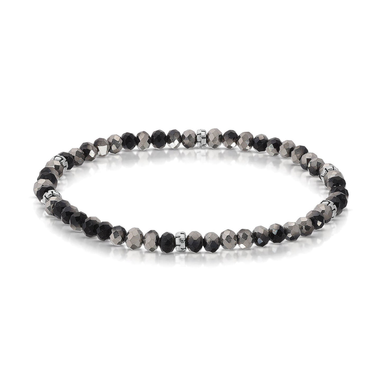 black and silver beaded bracelet on white background