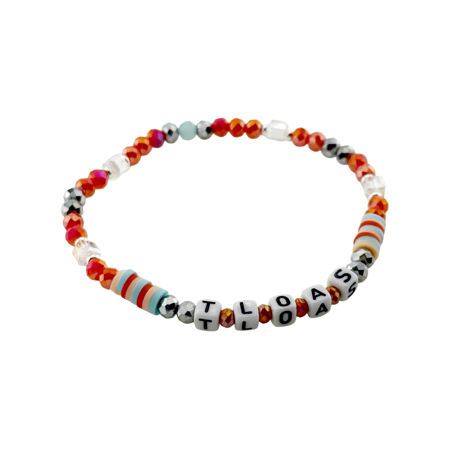 Colorful beaded bracelet with TLOAS letter beads on a white background