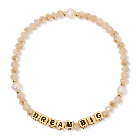 bracelet with beige beads and dream big cubes