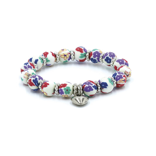 white floral clay bead bracelet