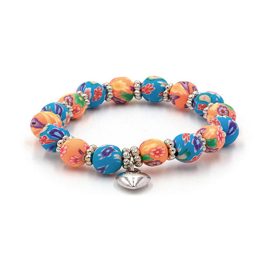 blue & peach floral clay bead bracelet
