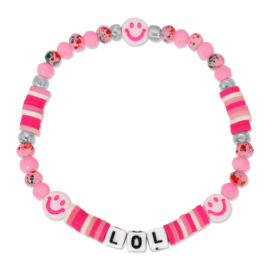 pink beaded bracelet with smiley and lol beads