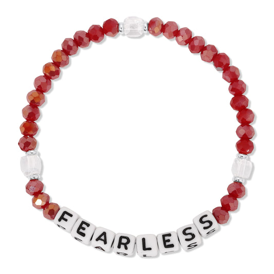red beaded bracelet with fearless letter blocks