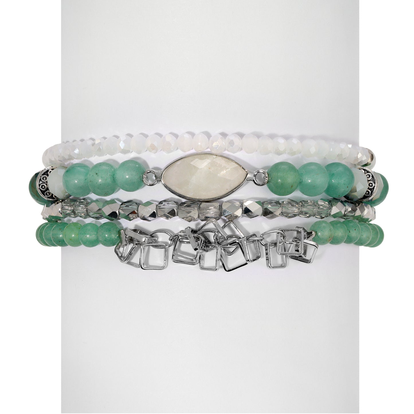 Green Aventurine with Moonstone Marquis 4-Bracelet Stack