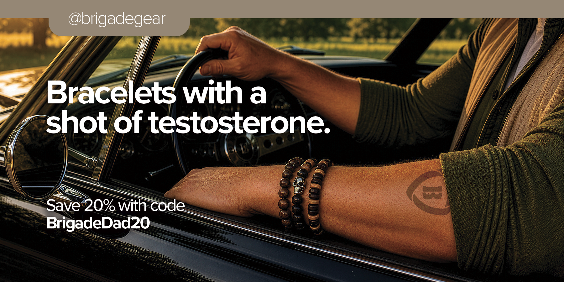 Brigade men’s bracelets featuring wood, stone, leather, and metal styles for Father’s Day gifting.