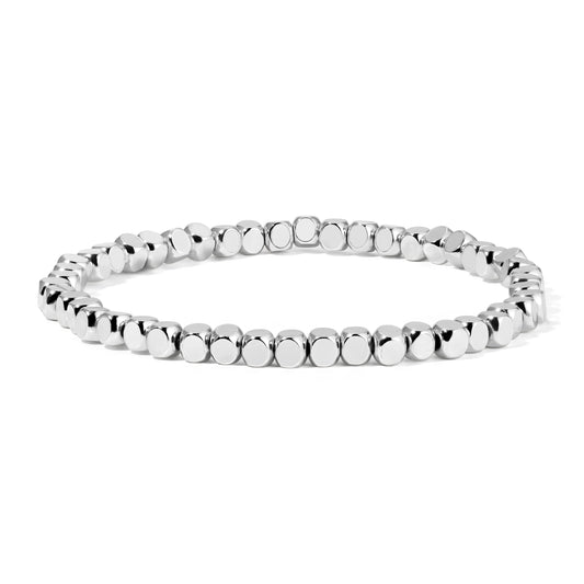 silver beaded bracelet on white background
