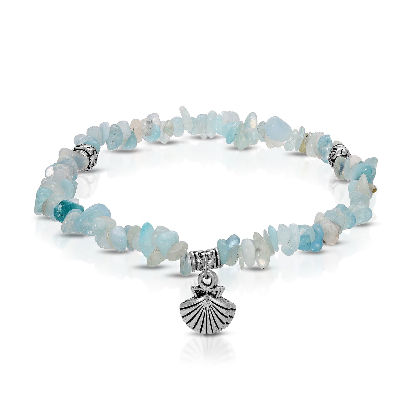 aqua tone chip bracelet with silver shell charm