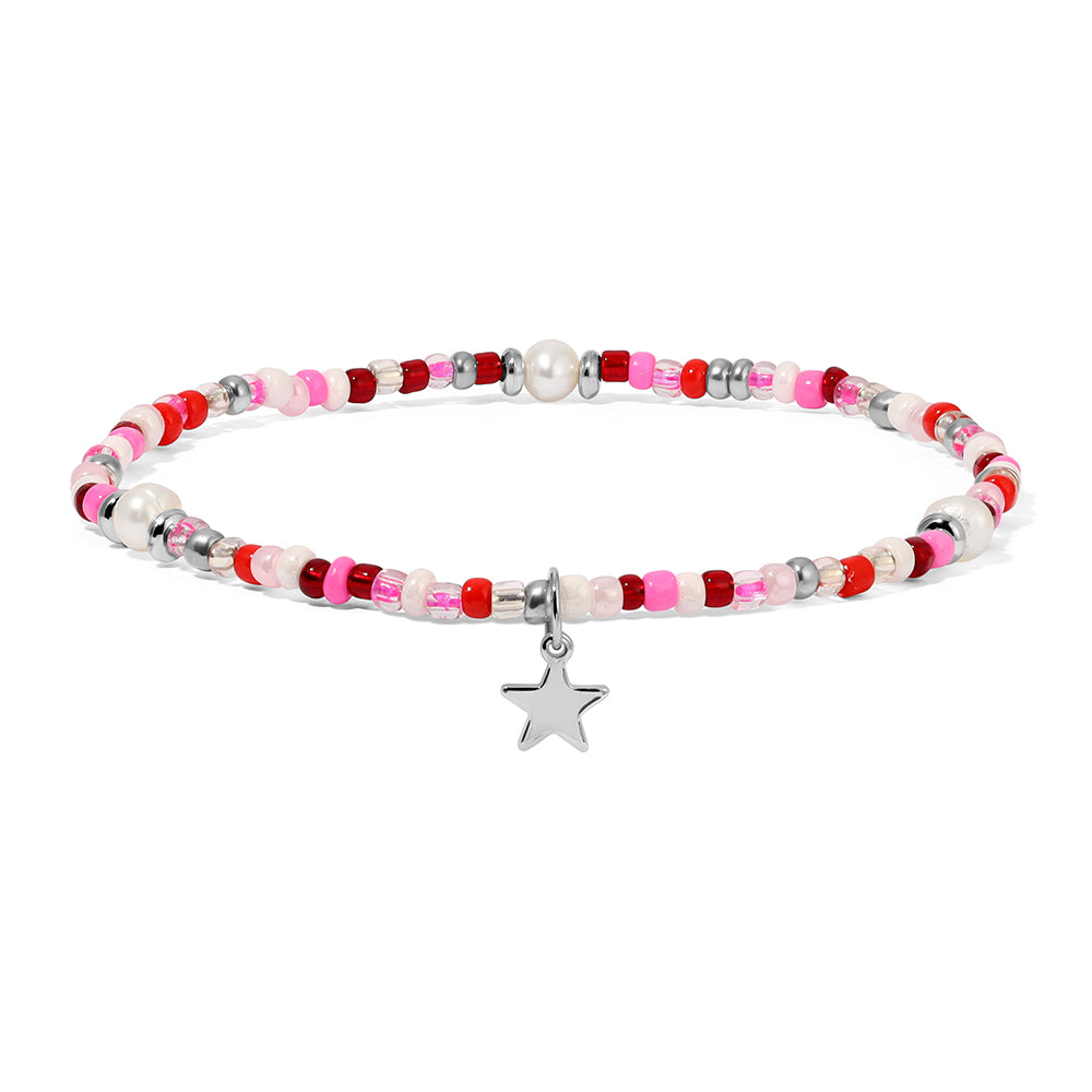 beaded bracelet with star charm pink and red tones