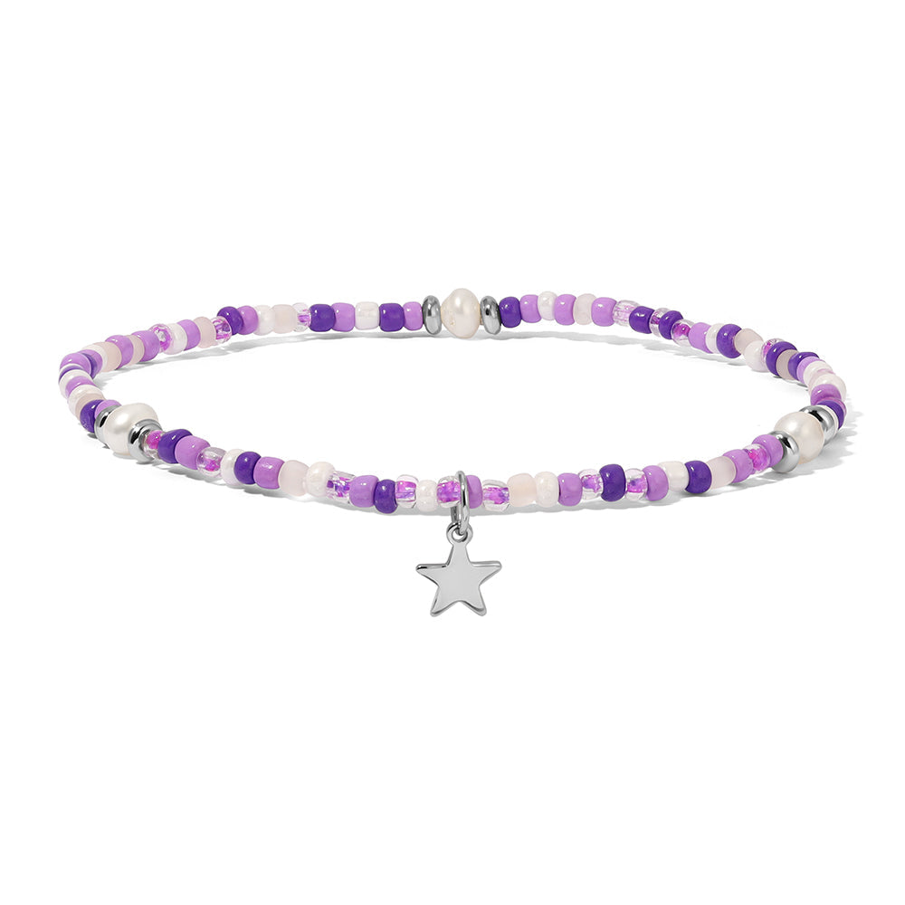 purple and white beaded bracelet with star charm