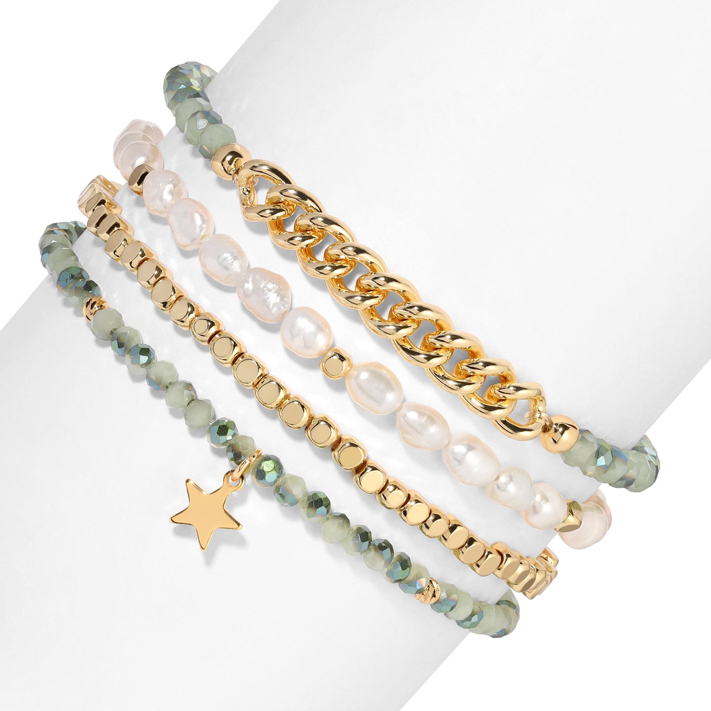 stacked bracelets with gold stars and pearls