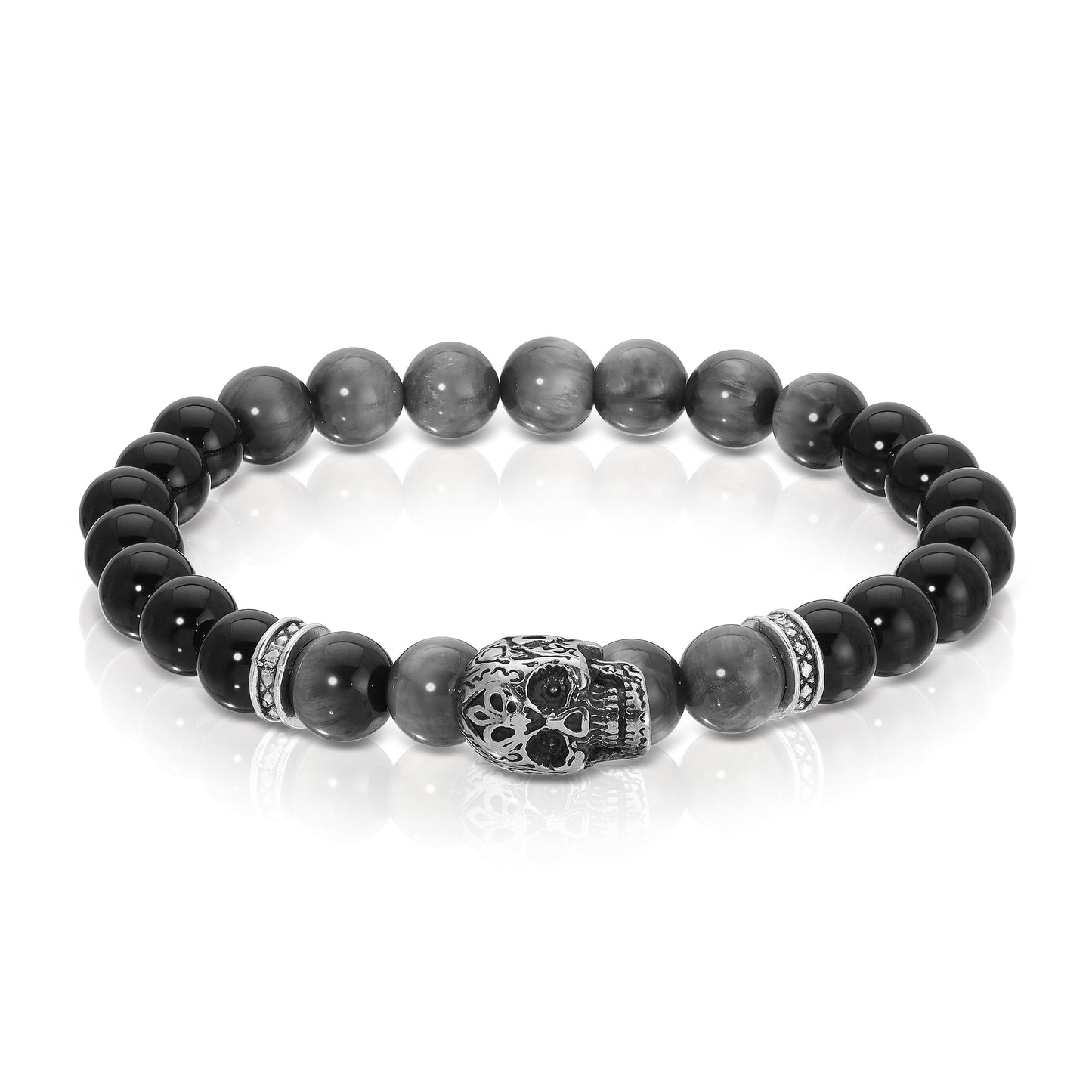 black and gray bead bracelet with skull charm