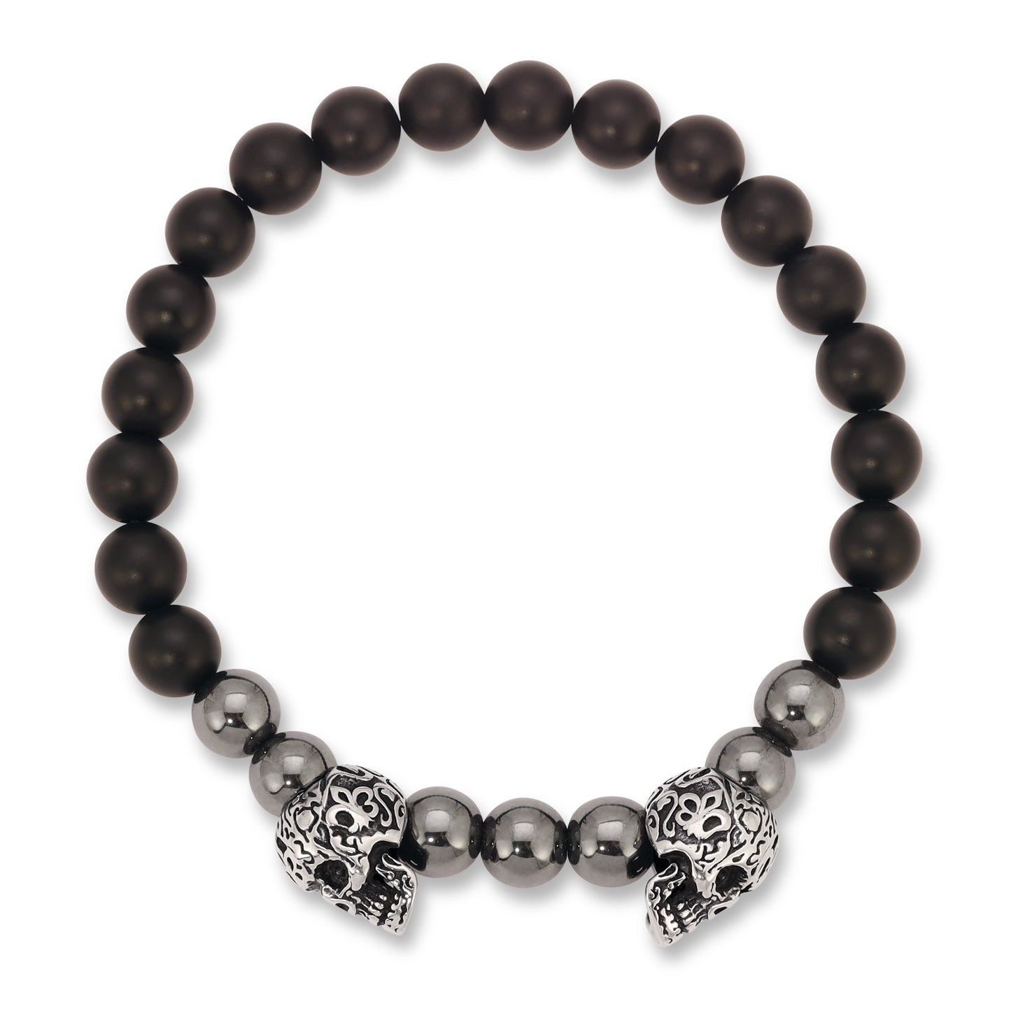 Opposing Steel Skull with Hematite & Matte Black Onyx Bracelet
