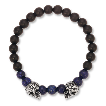 Opposing Steel Skull with Blue Lapis & Matte Black Onyx Bracelet