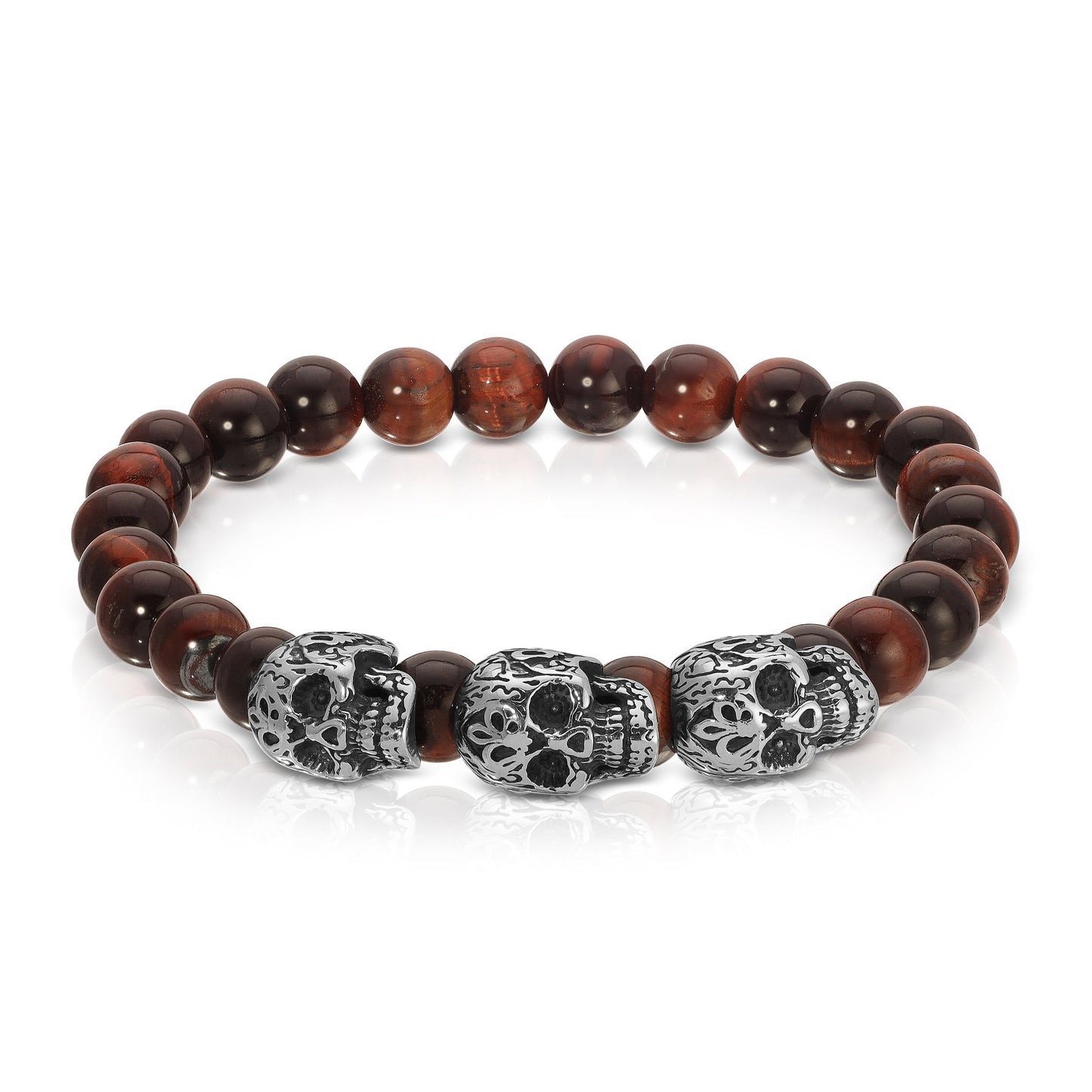 brown beaded bracelet with silver skull charms
