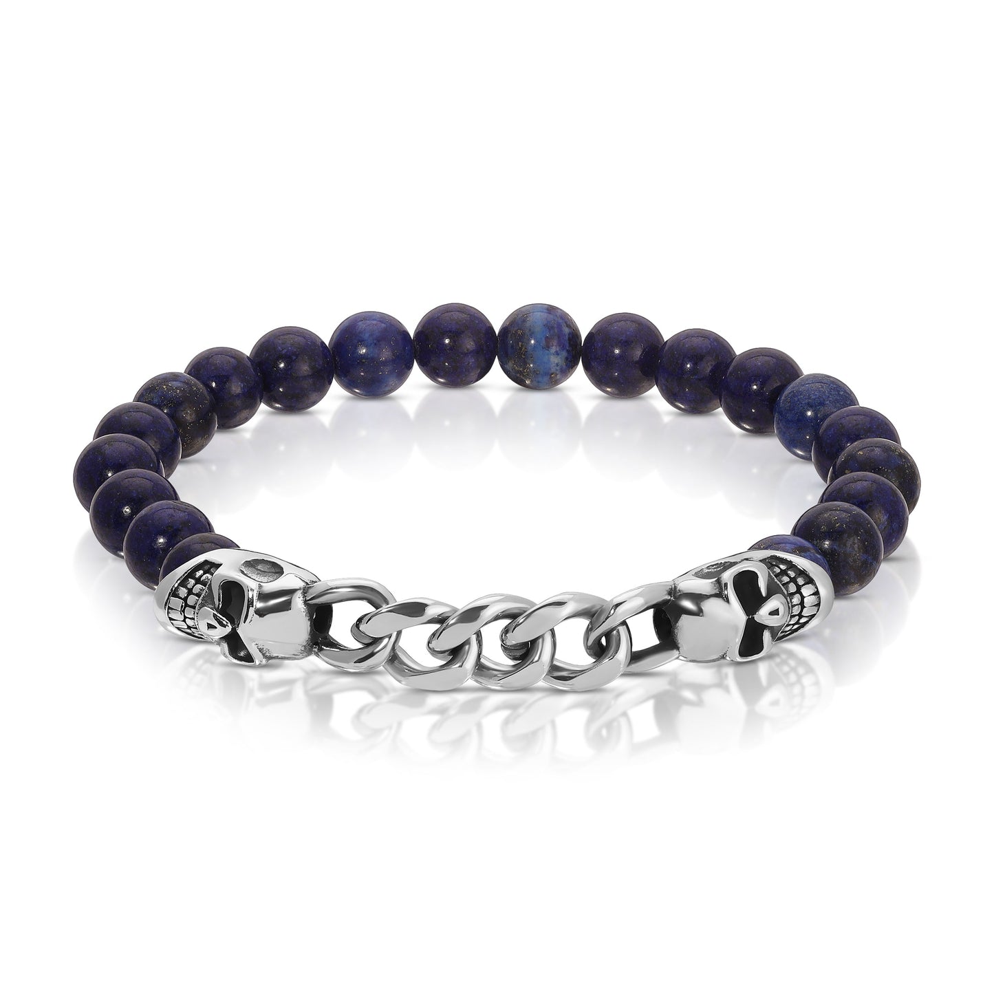 blue bead bracelet with silver skull clasp