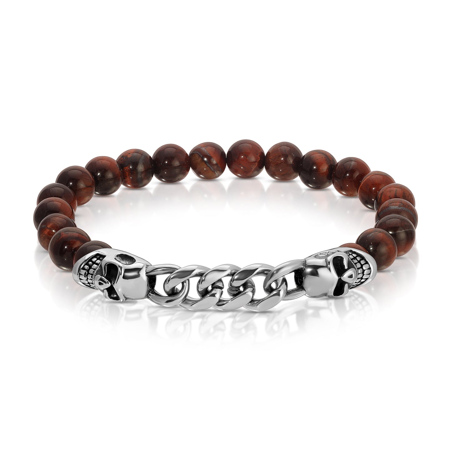 brown beaded bracelet with silver skull design